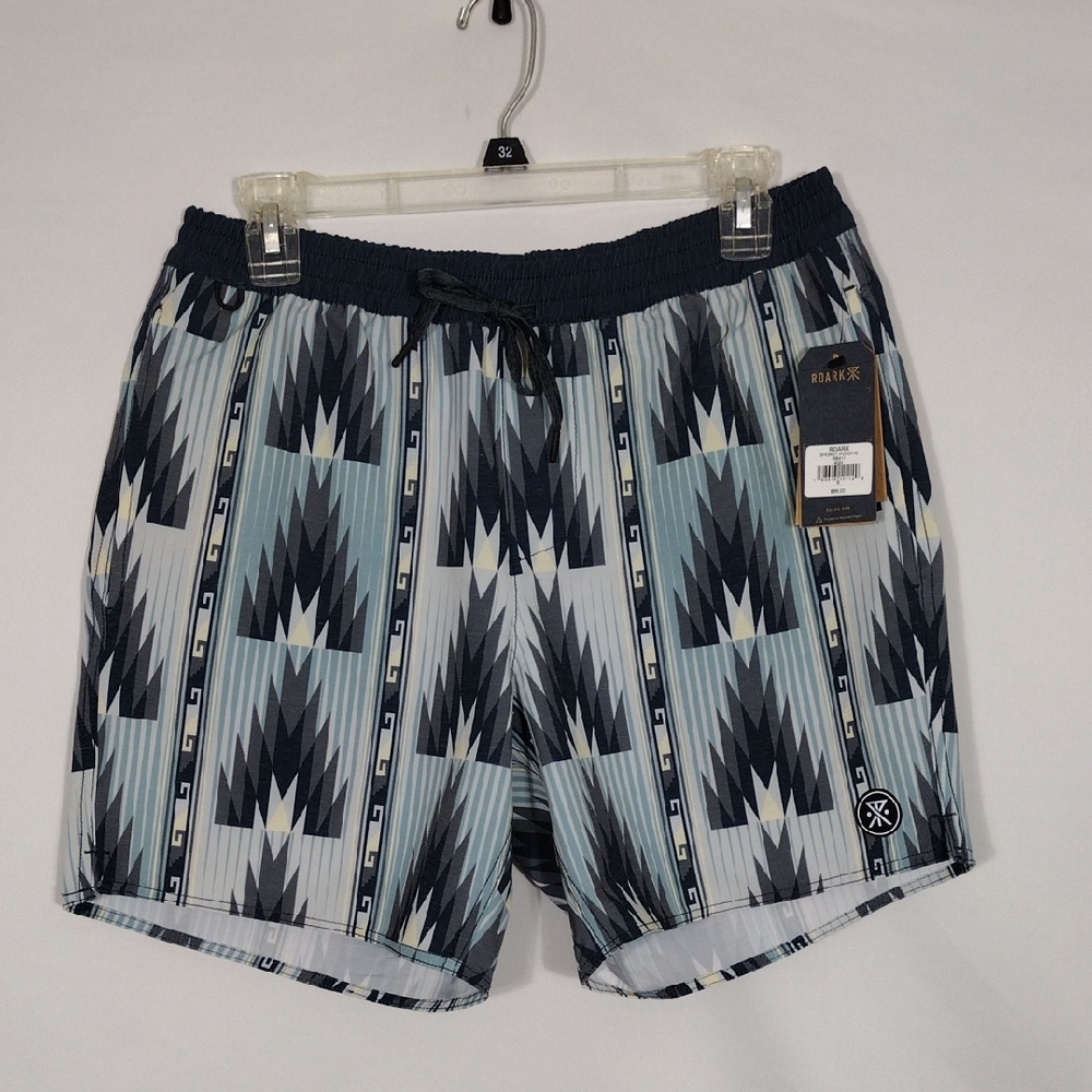 NWT Roark Men's Swim Trunks Shorey Poncho Hemp Blend Size Small Blue Geometric